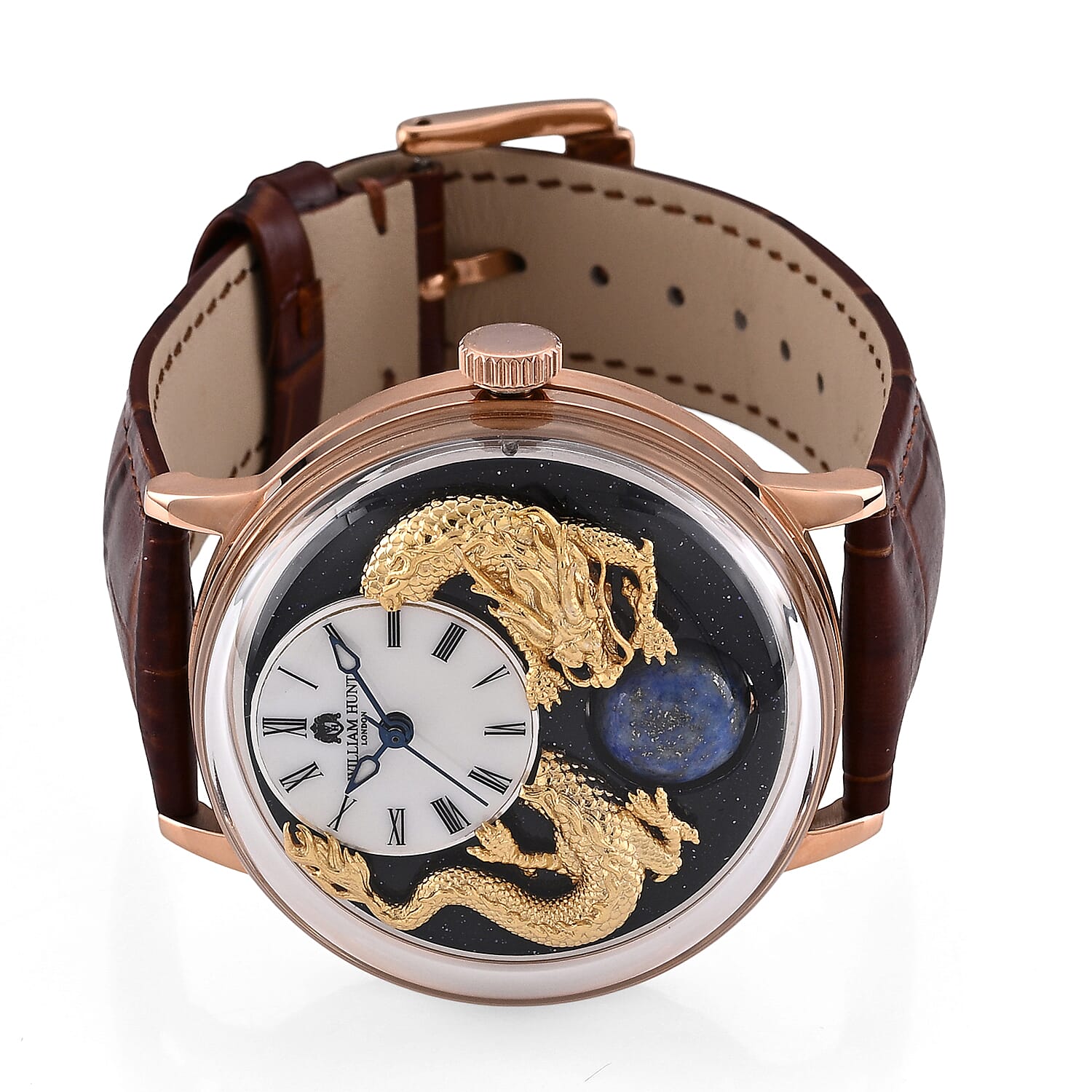 William Hunt Dragon Skeleton MIYOTA 6T15 Automatic Mechanical Japan Movement 5ATM WR MOP Dragon Emboss Dial & IPR Plating 316 Stainless Steel Case Mens Watch with Brown Leather Strap