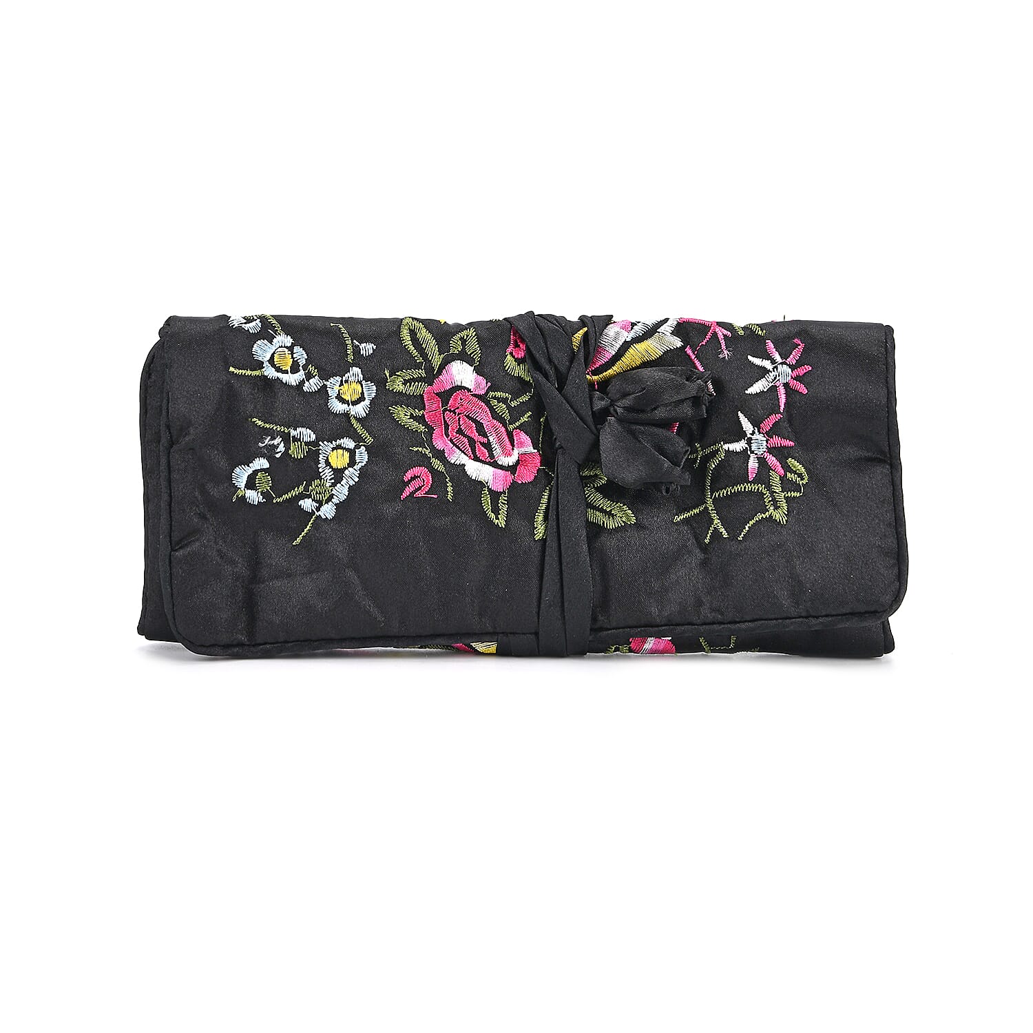 Embroidered Travel Jewellery Roll Organiser - Black