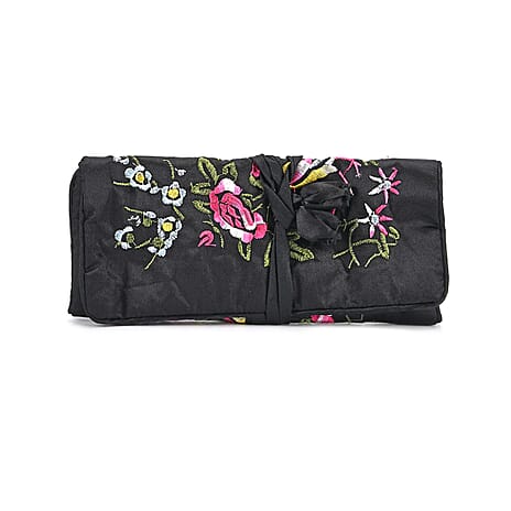 Embroidered Travel Jewellery Roll Organiser - Black