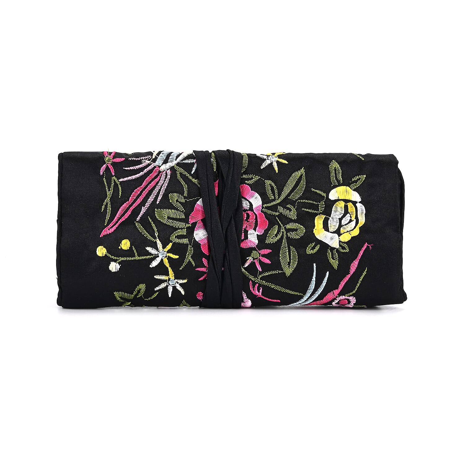 Embroidered Travel Jewellery Roll Organiser - Black