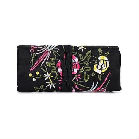 Embroidered Travel Jewellery Roll Organiser - Black