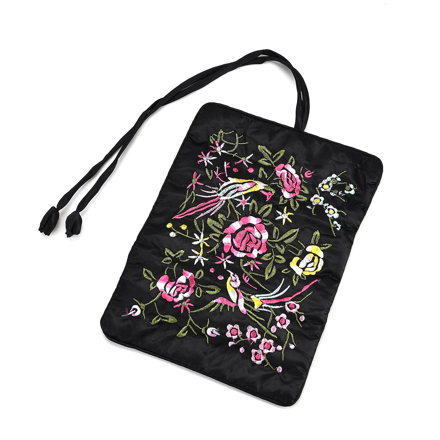 Embroidered Travel Jewellery Roll Organiser - Black