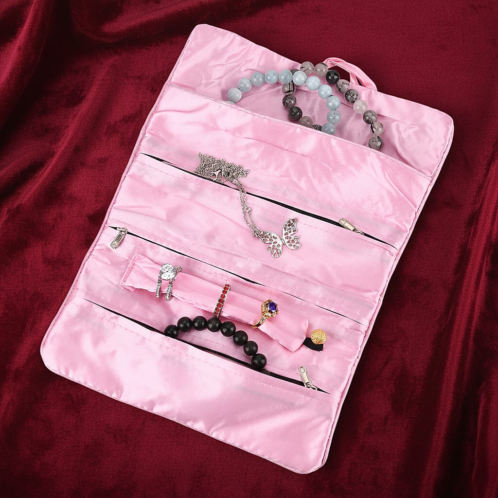 Embroidered Travel Jewellery Roll Organiser - Light Pink