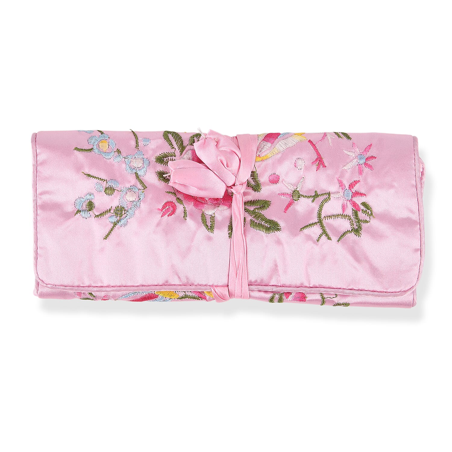 Embroidered Travel Jewellery Roll Organiser - Light Pink