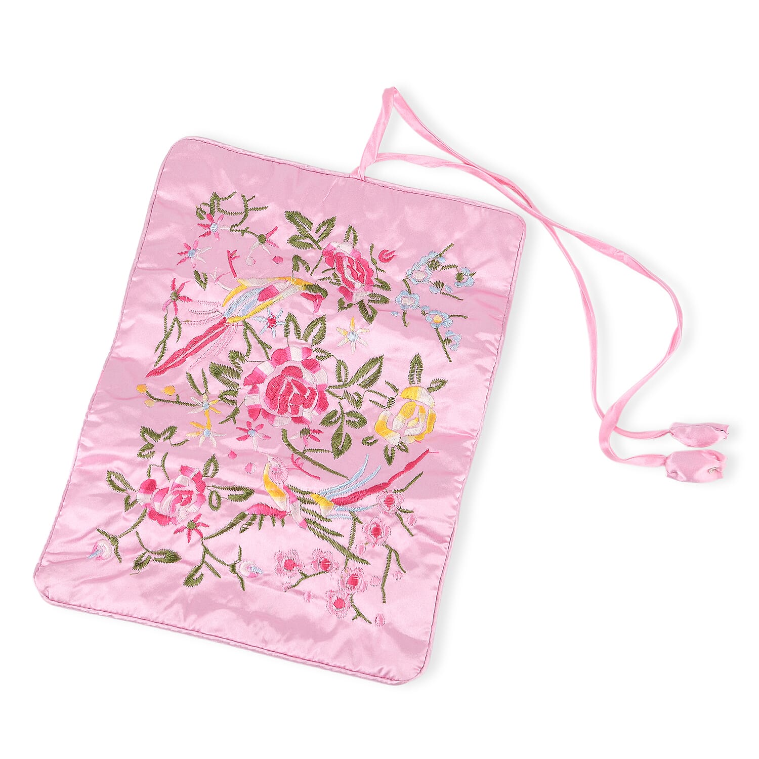 Embroidered Travel Jewellery Roll Organiser - Light Pink