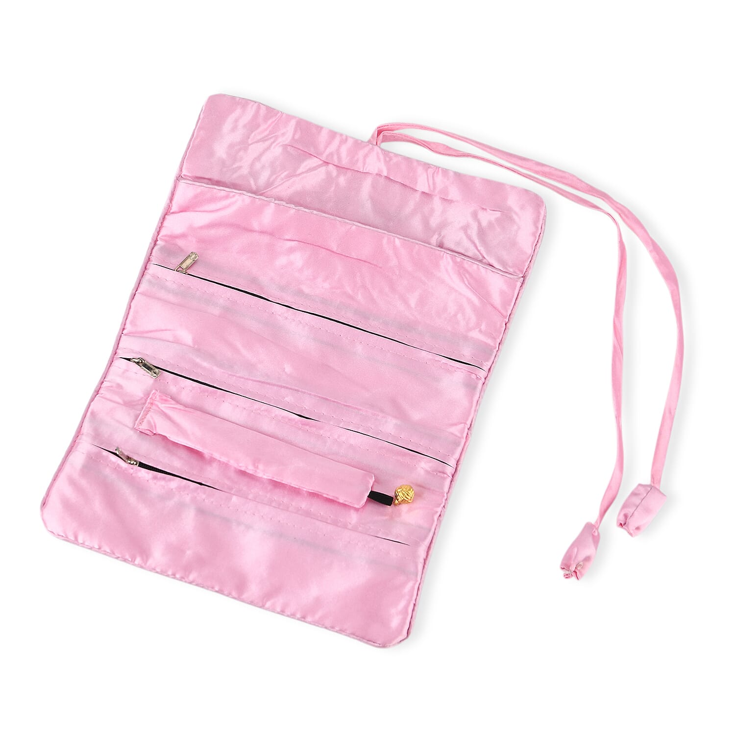 Embroidered Travel Jewellery Roll Organiser - Light Pink