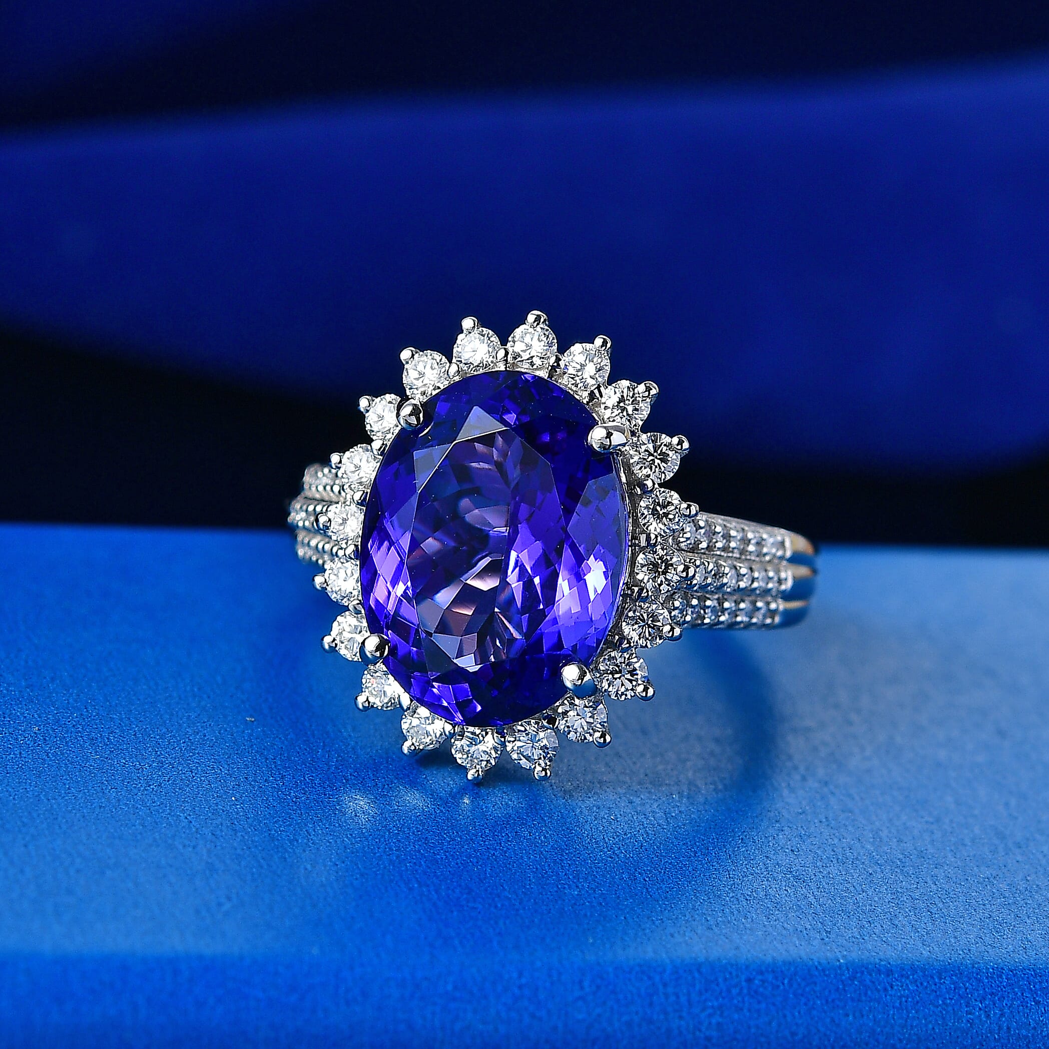 Rhapsody 950 Platinum AAAA Tanzanite White Diamond EF, VS2 Halo Ring, Platinum Wt.9.48 Gms  8.475  Ct.