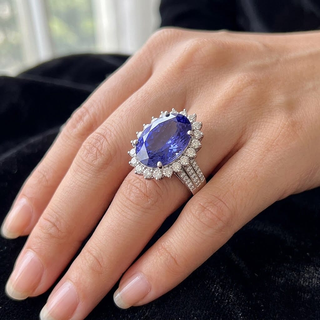 The Heirloom Collection - Rhapsody 950 Platinum AAAA Tanzanite (7.62 Ct) with Natural Earth Mined VS-E-F White Diamonds (0.85 Ct) Halo Ring 8.47 Ct, Platinum Wt. 7.95 Gms