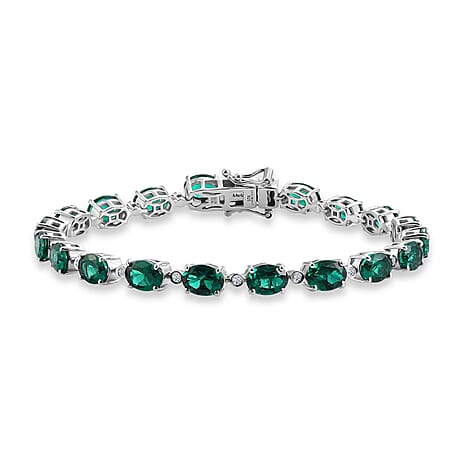 Luxuriant - Lab Grown Emerald & SI-G-H Lab Grown Diamond Line Bracelet (Size - 7.5) with GB Lock Box in Rhodium Overlay Sterling Silver 13.62 Ct, Silver Wt. 10.38 Gms