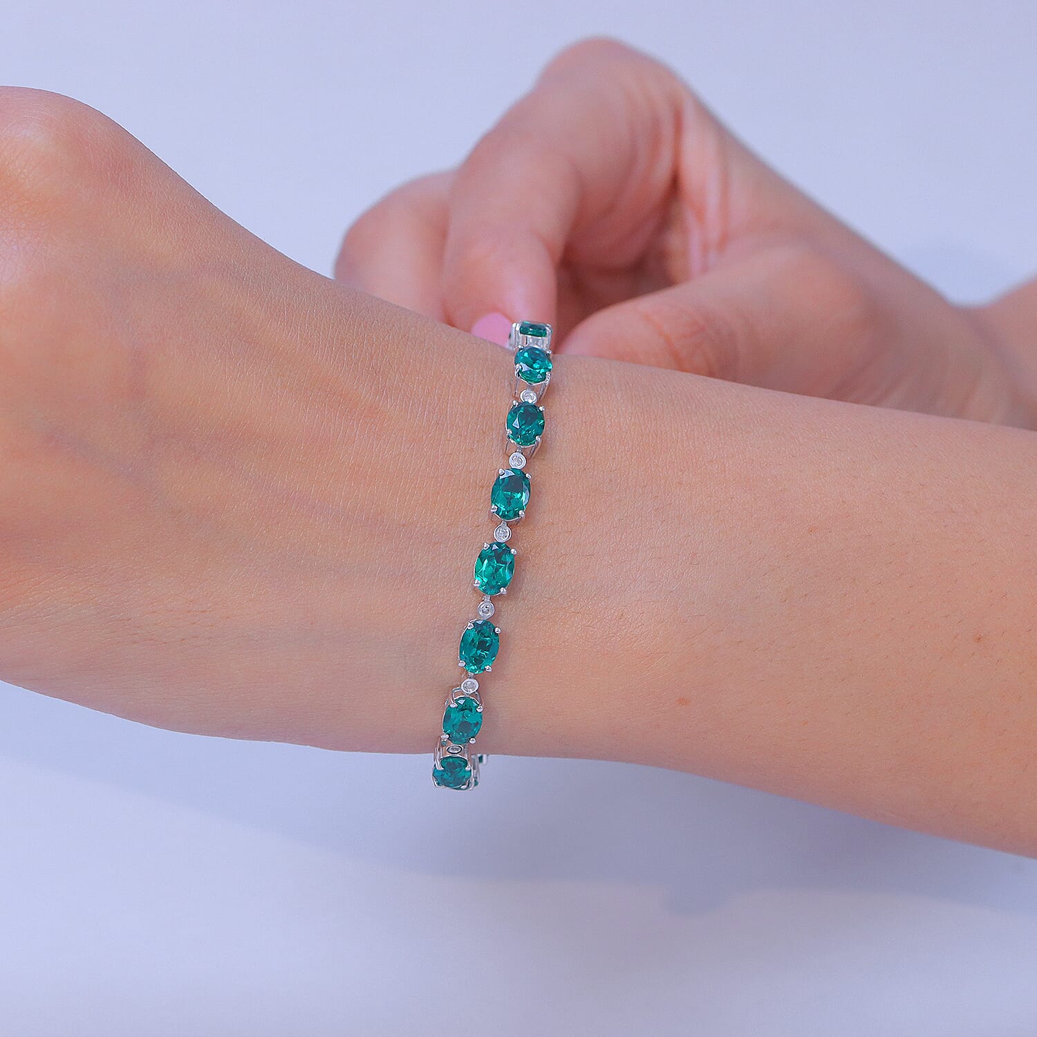 Luxuriant - Lab Grown Emerald & SI-G-H Lab Grown Diamond Line Bracelet (Size - 7.5) with GB Lock Box in Rhodium Overlay Sterling Silver 13.62 Ct, Silver Wt. 10.38 Gms