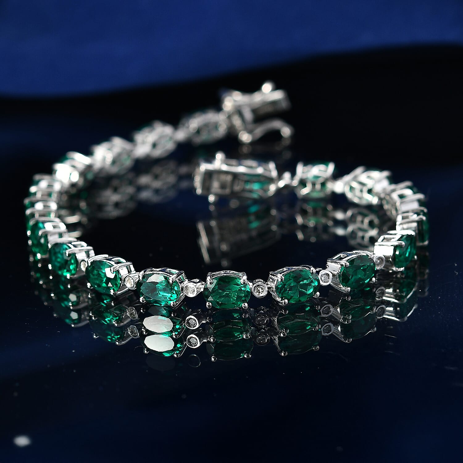 Luxuriant - Lab Grown Emerald & SI-G-H Lab Grown Diamond Line Bracelet (Size - 7.5) with GB Lock Box in Rhodium Overlay Sterling Silver 13.62 Ct, Silver Wt. 10.38 Gms