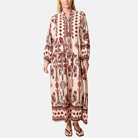 Chilli Charm Ethnic-Inspired Print Boho Maxi Dress (One Size) - Stone & Orange