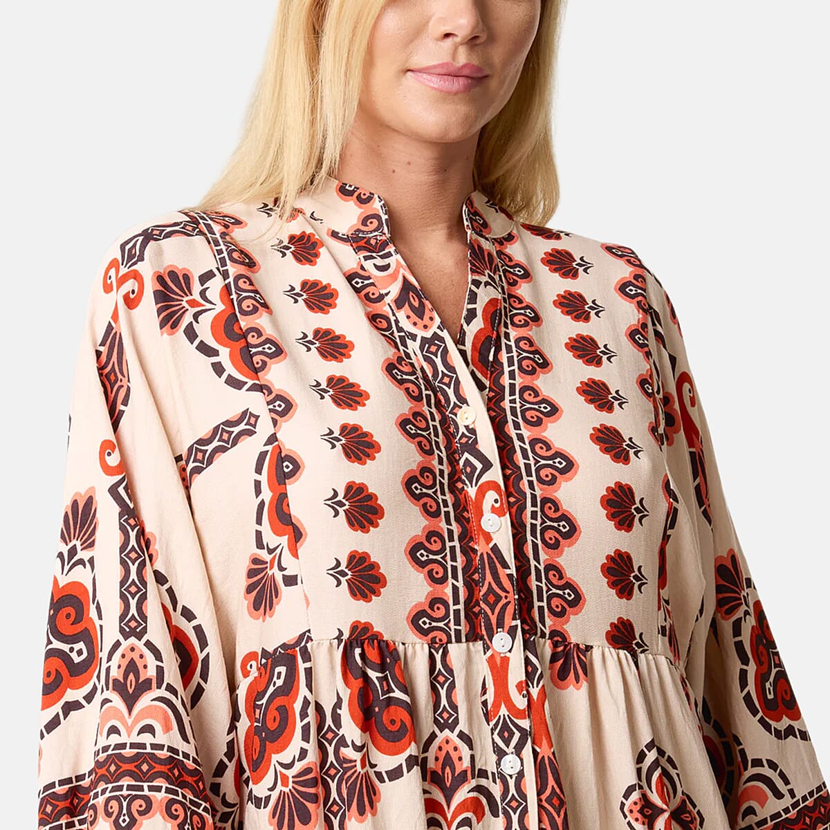 Chilli Charm Ethnic-Inspired Print Boho Maxi Dress (One Size) - Stone & Orange