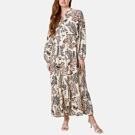 Chilli Charm Floral Print Boho Maxi Dress (One Size) - Ivory - Black