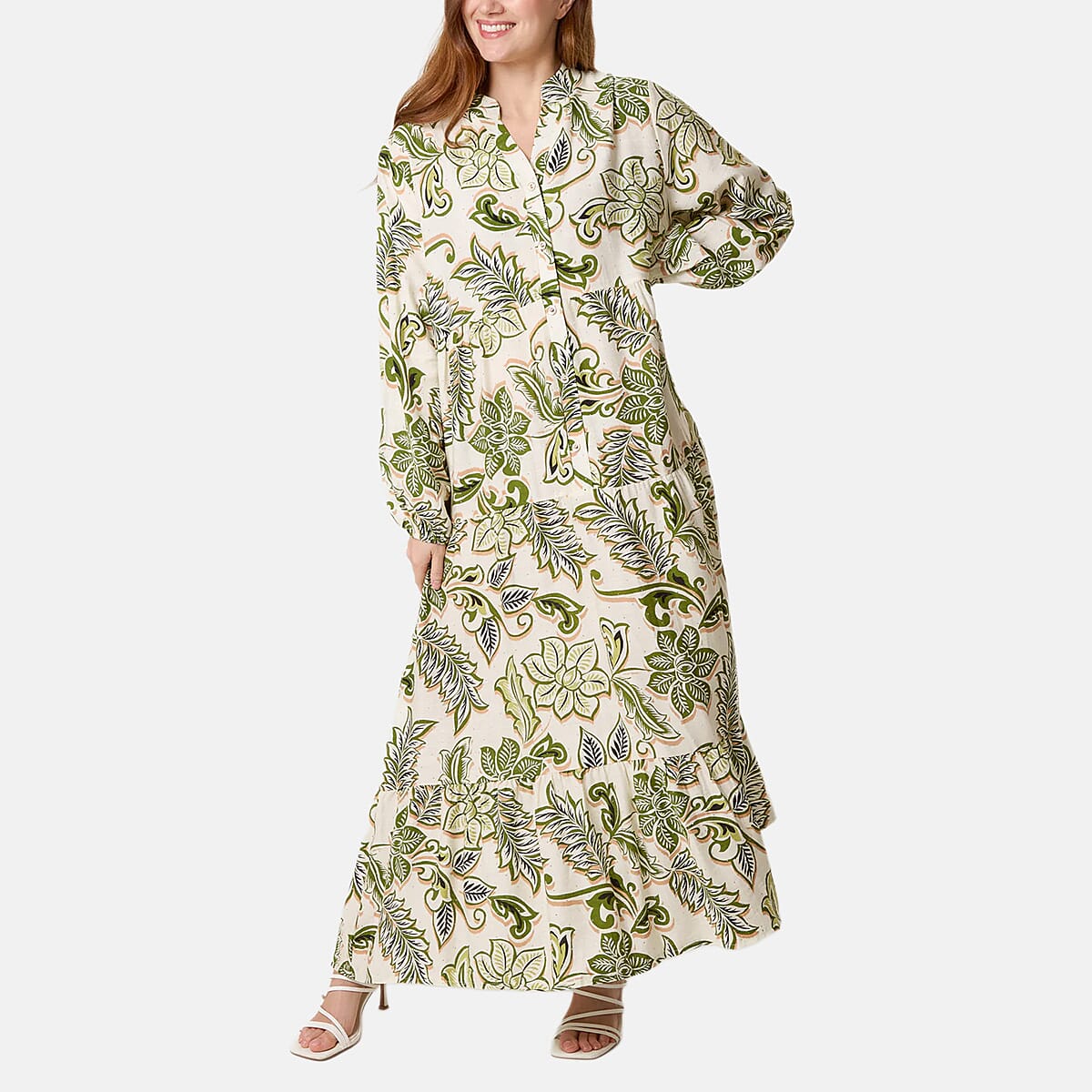 Chilli Charm Floral Print Boho Maxi Dress (One Size) - Green & Ivory