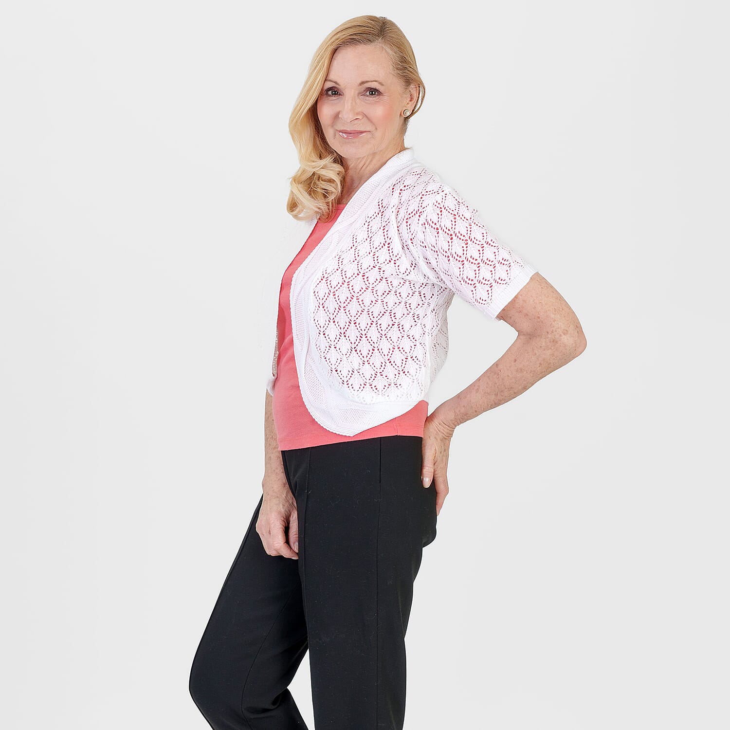 Pure And Natural Made In Uk Edge To Edge Pointelle Knit Cardigan (Size L-XL, 16 to 22) - White