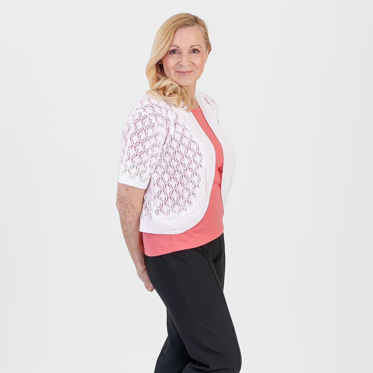 Pure And Natural Made In Uk Edge To Edge Pointelle Knit Cardigan (Size L-XL, 16 to 22) - White