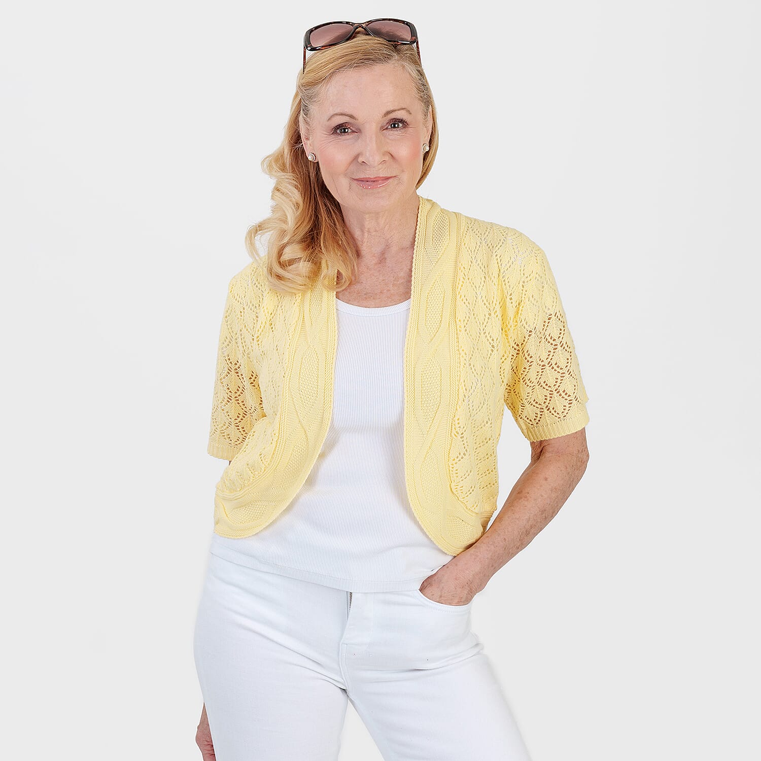 Pure And Natural Made In Uk Edge To Edge Pointelle Knit Cardigan (Size L-XL, 16 to 22) - Fresh Primrose