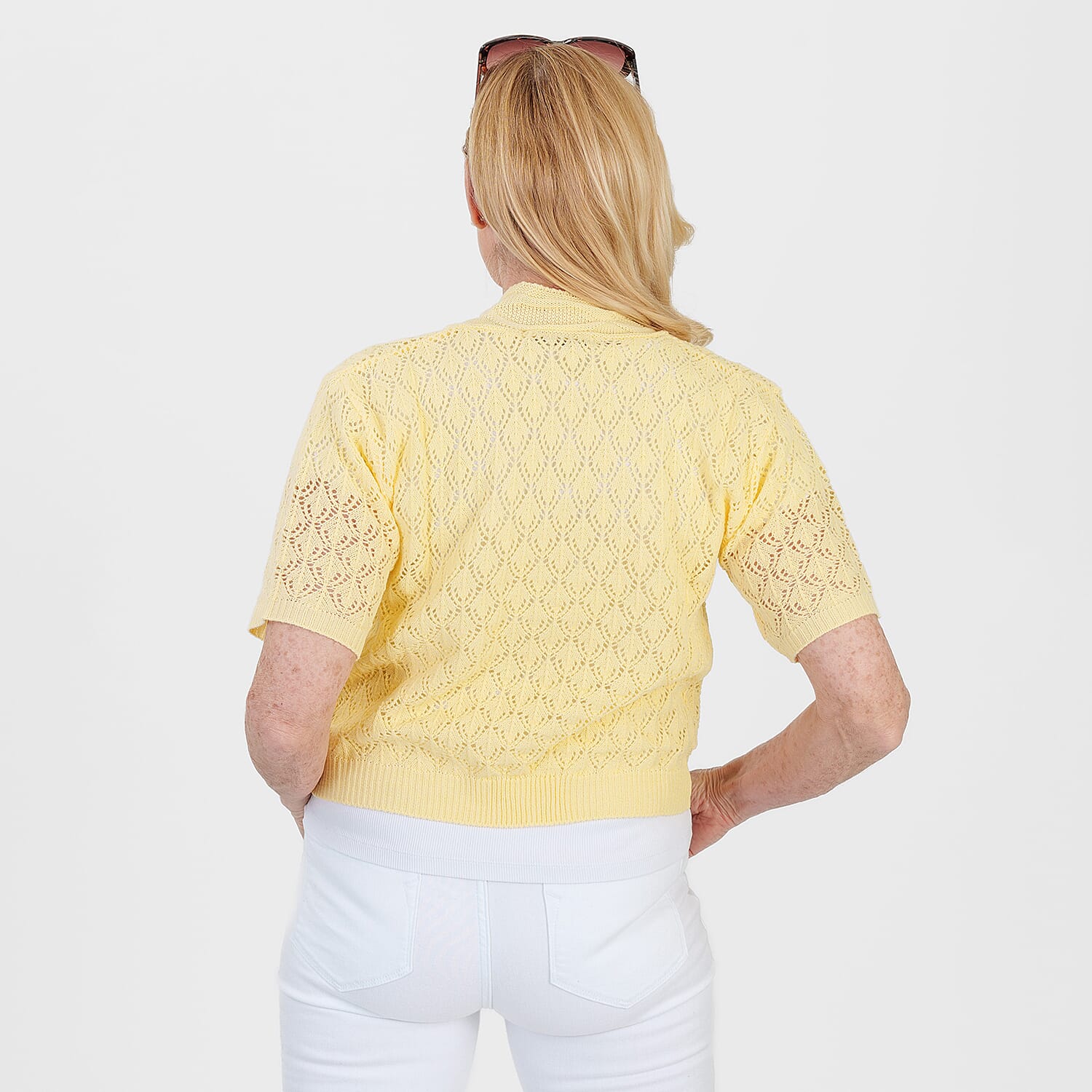 Pure And Natural Made In Uk Edge To Edge Pointelle Knit Cardigan (Size L-XL, 16 to 22) - Fresh Primrose