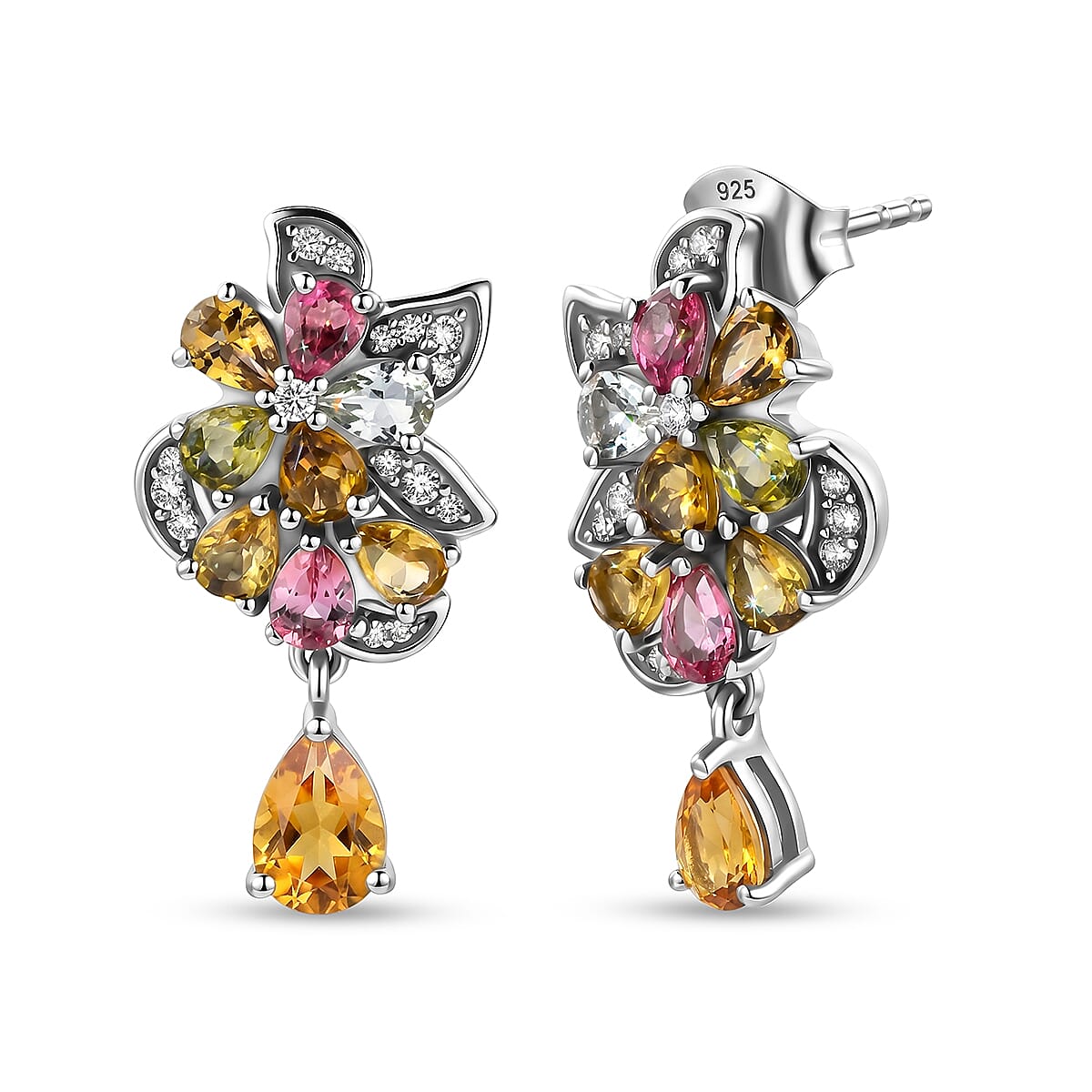 D'Joy - Multi-Tourmaline & White Zircon Cluster Earring with Push Post in Rhodium Overlay Sterling Silver 3.15 Ct.