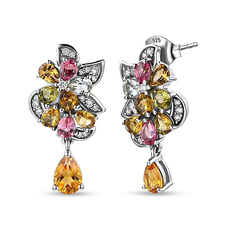 D'Joy - Multi-Tourmaline & White Zircon Cluster Earring with Push Post in Rhodium Overlay Sterling Silver 3.15 Ct.