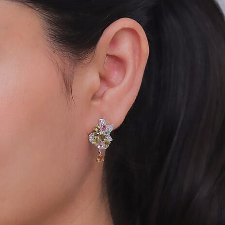 D'Joy - Multi-Tourmaline & White Zircon Cluster Earring with Push Post in Rhodium Overlay Sterling Silver 3.15 Ct.