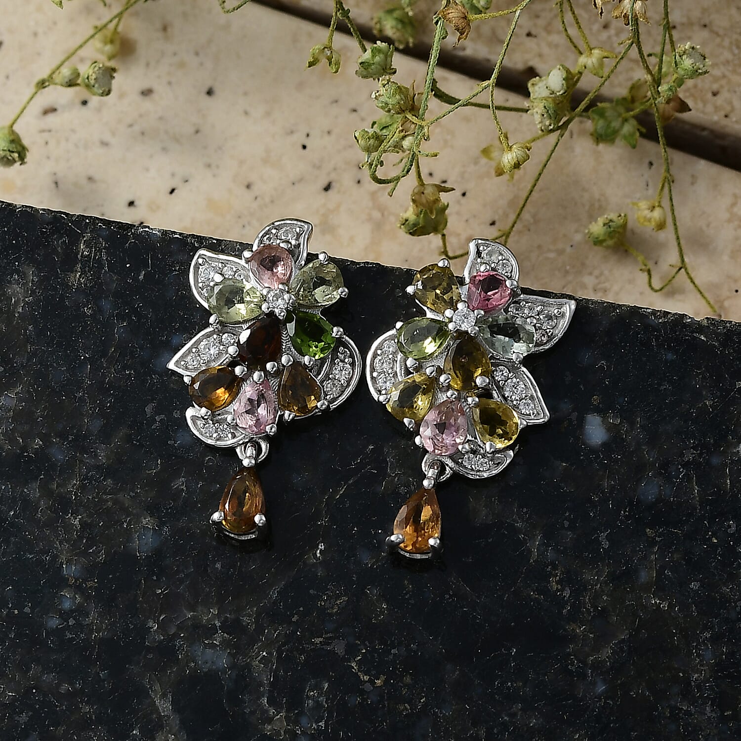 D'Joy - Multi-Tourmaline & White Zircon Cluster Earring with Push Post in Rhodium Overlay Sterling Silver 3.15 Ct.