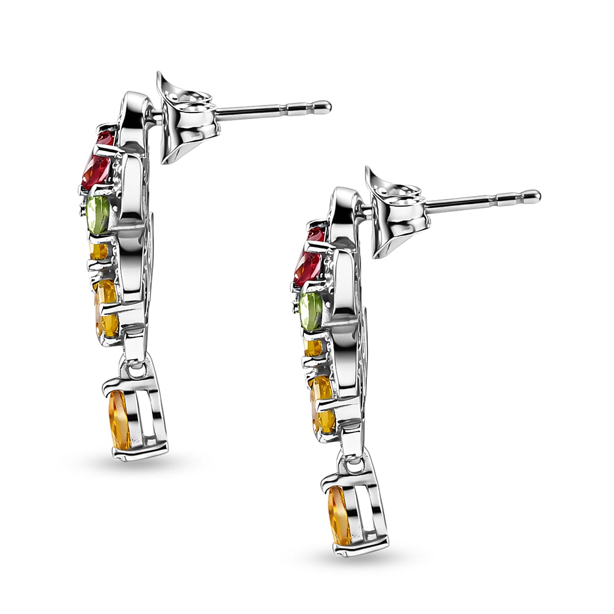 D'Joy - Multi-Tourmaline & White Zircon Cluster Earring with Push Post in Rhodium Overlay Sterling Silver 3.15 Ct.