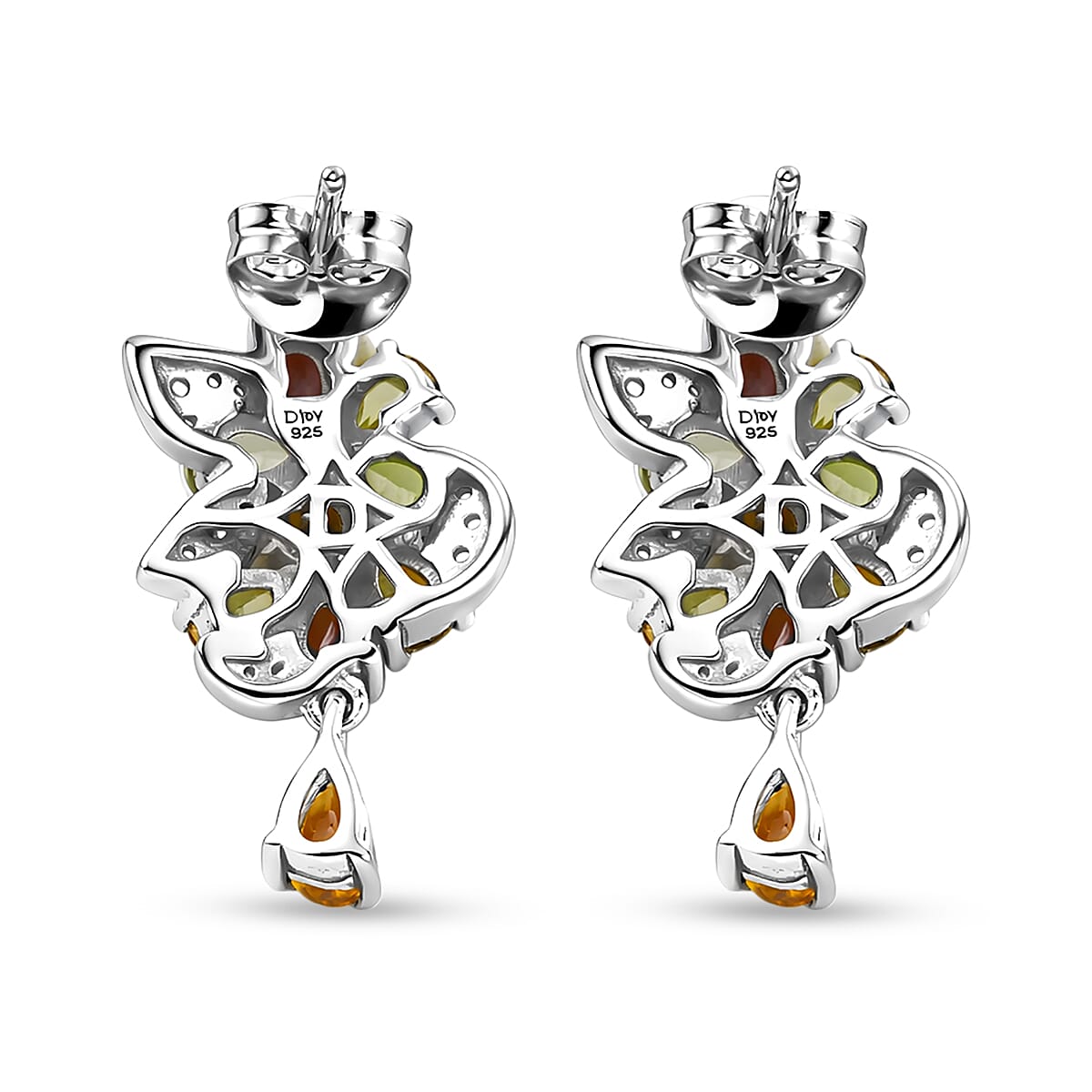 D'Joy - Multi-Tourmaline & White Zircon Cluster Earring with Push Post in Rhodium Overlay Sterling Silver 3.15 Ct.
