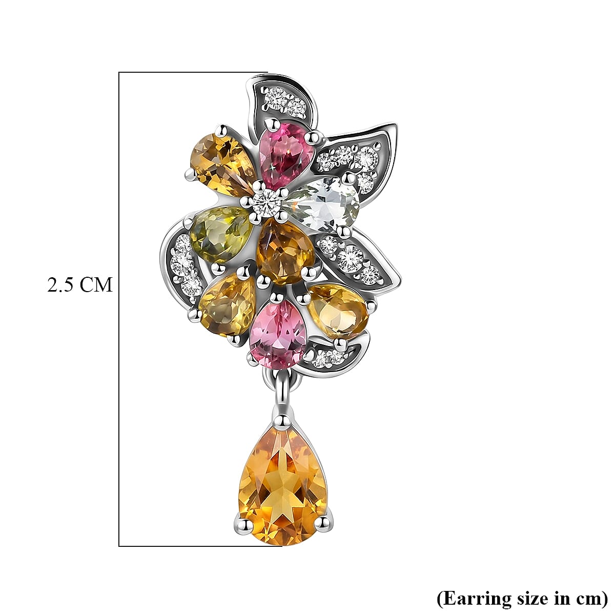 D'Joy - Multi-Tourmaline & White Zircon Cluster Earring with Push Post in Rhodium Overlay Sterling Silver 3.15 Ct.