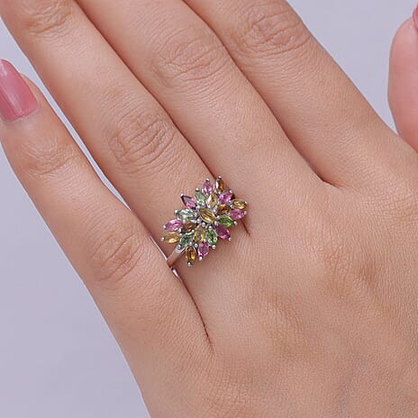D'Joy - Multi-Tourmaline Cluster Ring in Rhodium Overlay Sterling Silver 1.65 Ct.
