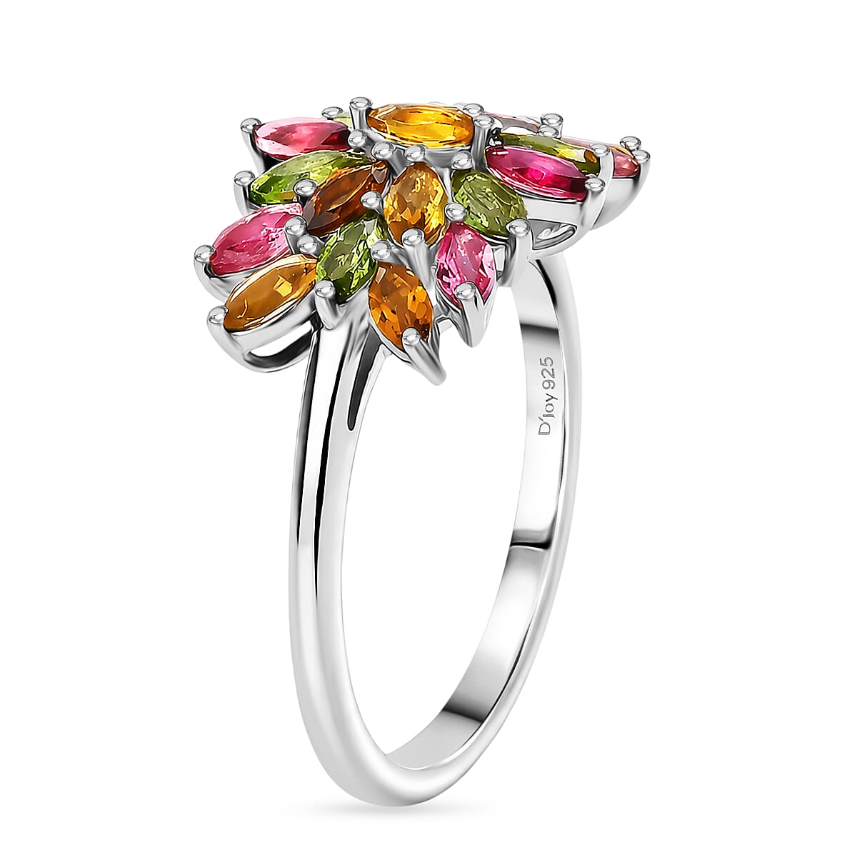 D'Joy - Multi-Tourmaline Cluster Ring in Rhodium Overlay Sterling Silver 1.65 Ct.
