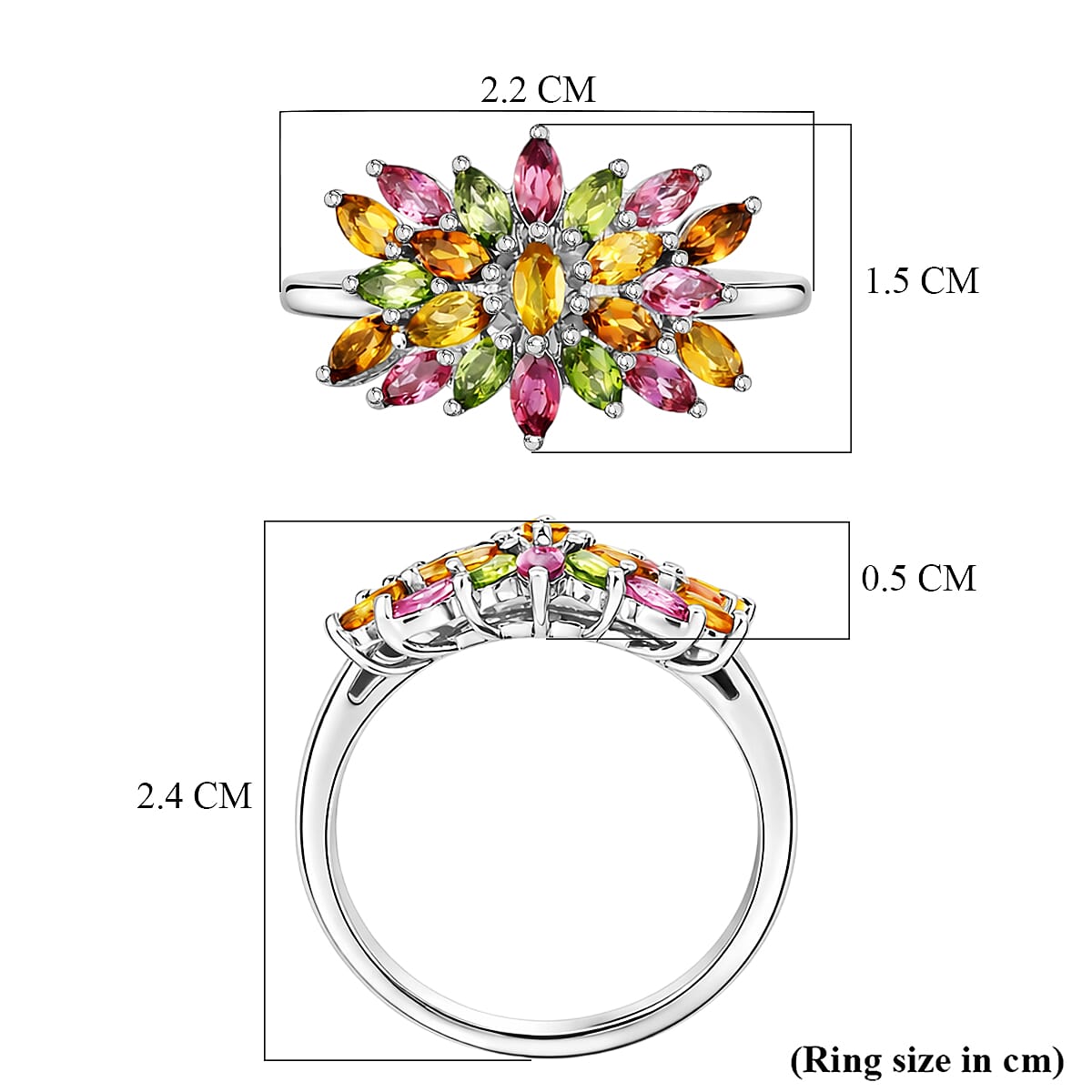 D'Joy - Multi-Tourmaline Cluster Ring in Rhodium Overlay Sterling Silver 1.65 Ct.