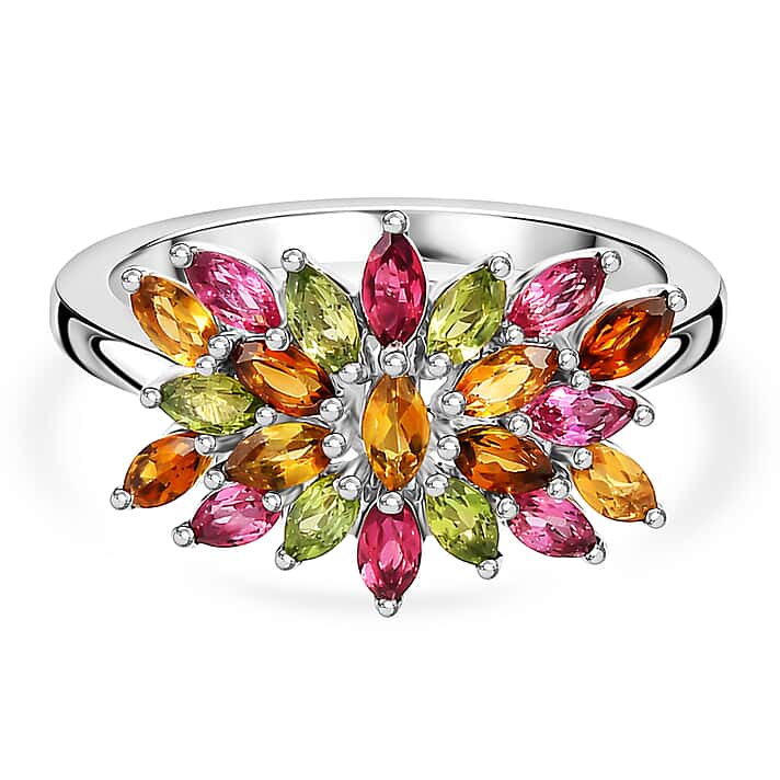 D'Joy - Multi-Tourmaline Floral Cluster Ring in Rhodium Overlay Sterling Silver 1.65 Ct.