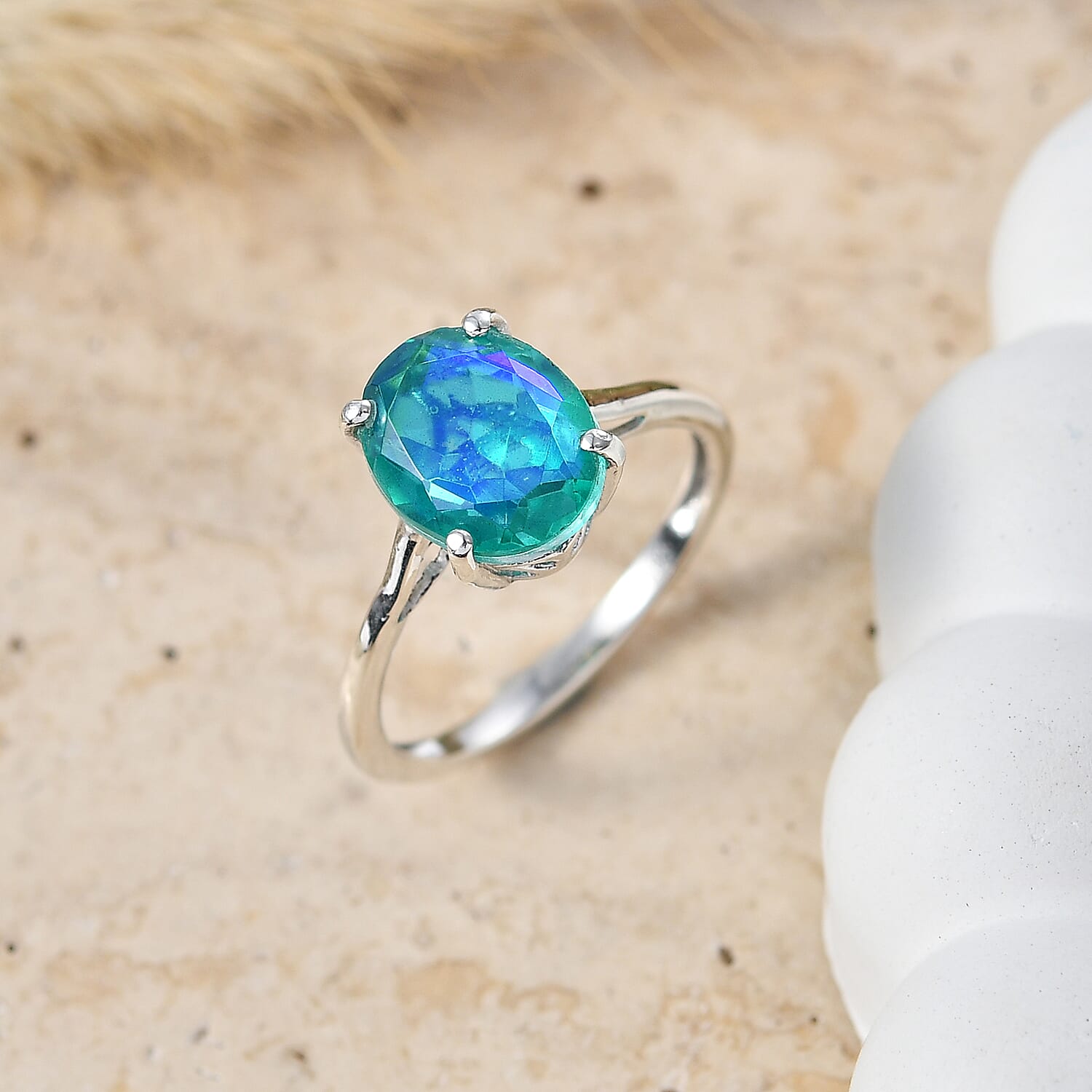 D'Joy - Peacock Triplet Quartz Solitaire Ring in Platinum Overlay Sterling Silver 2.82 Ct.