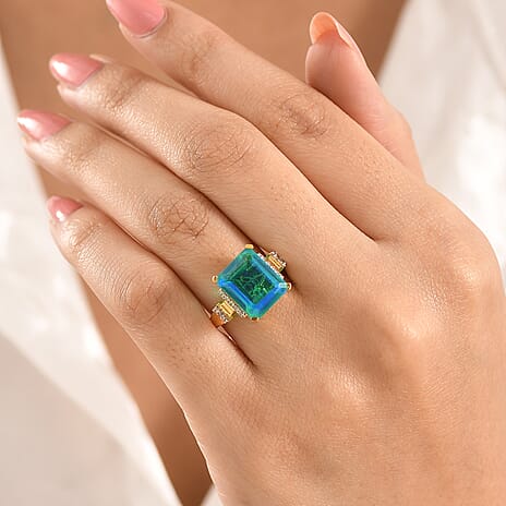 D'Joy - Peacock Triplet Quartz & White Zircon Ring in Yellow Gold Plated Sterling Silver 6.80 Ct.