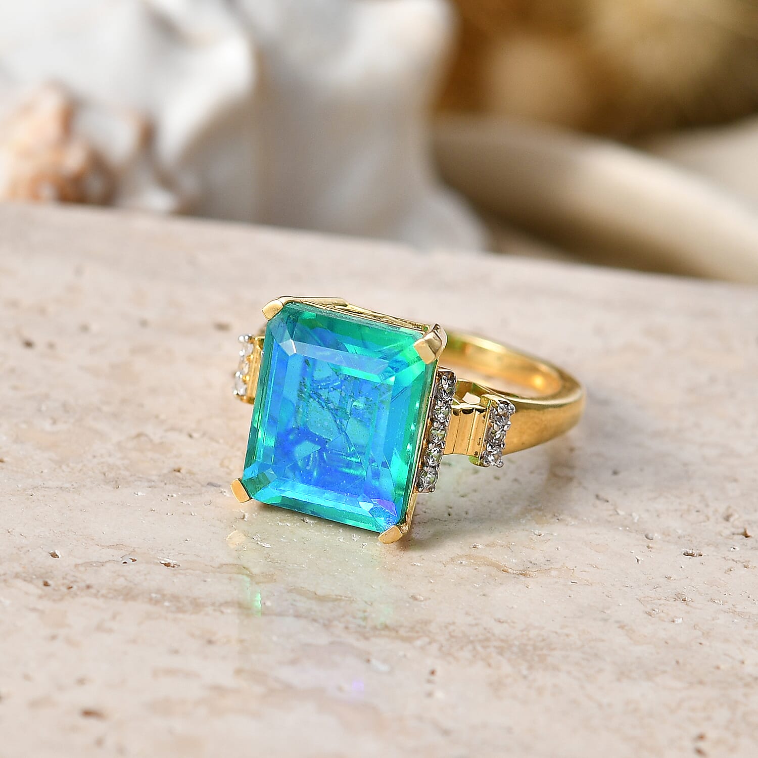 D'Joy - Peacock Triplet Quartz & White Zircon Ring in Yellow Gold Plated Sterling Silver 6.80 Ct.