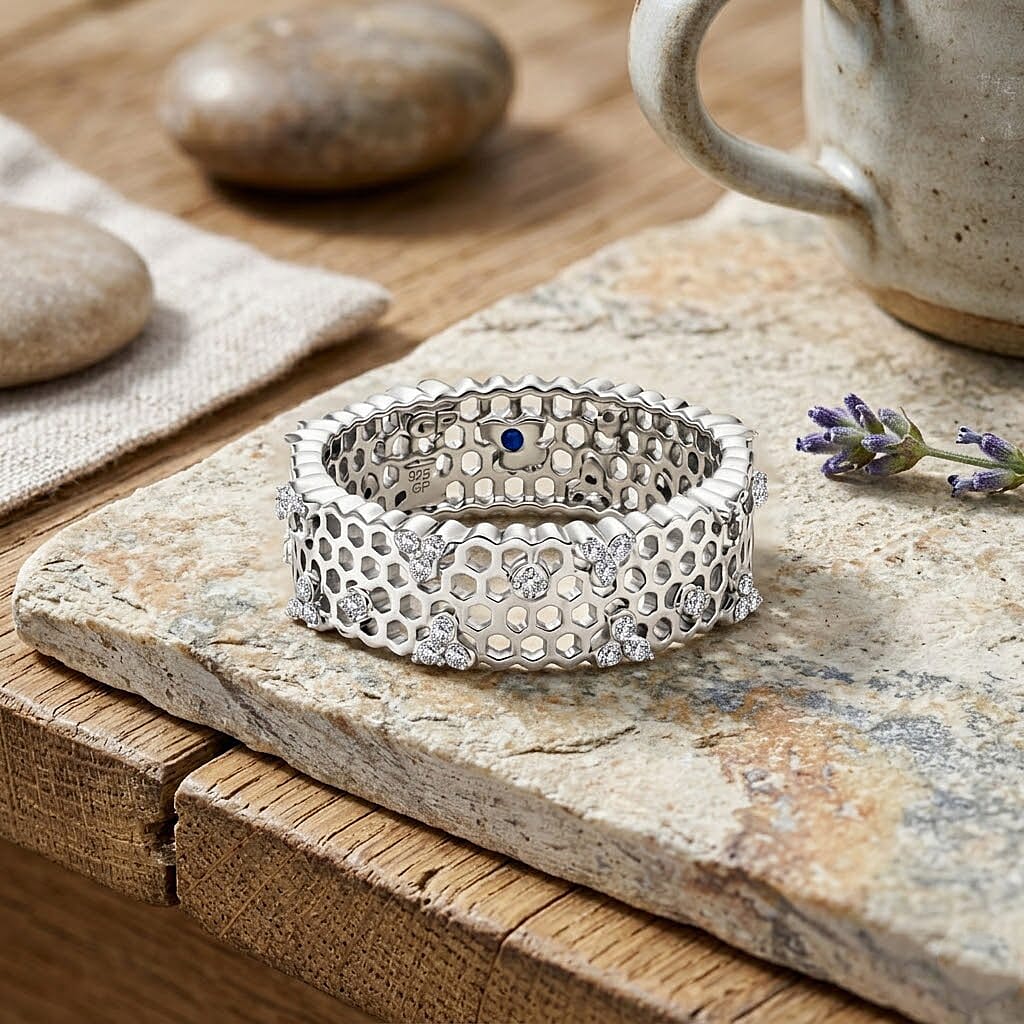 GP White Diamond, Kanchanaburi Blue Sapphire Ring in Rhodium OverlaySterling Silver  0.307  Ct.