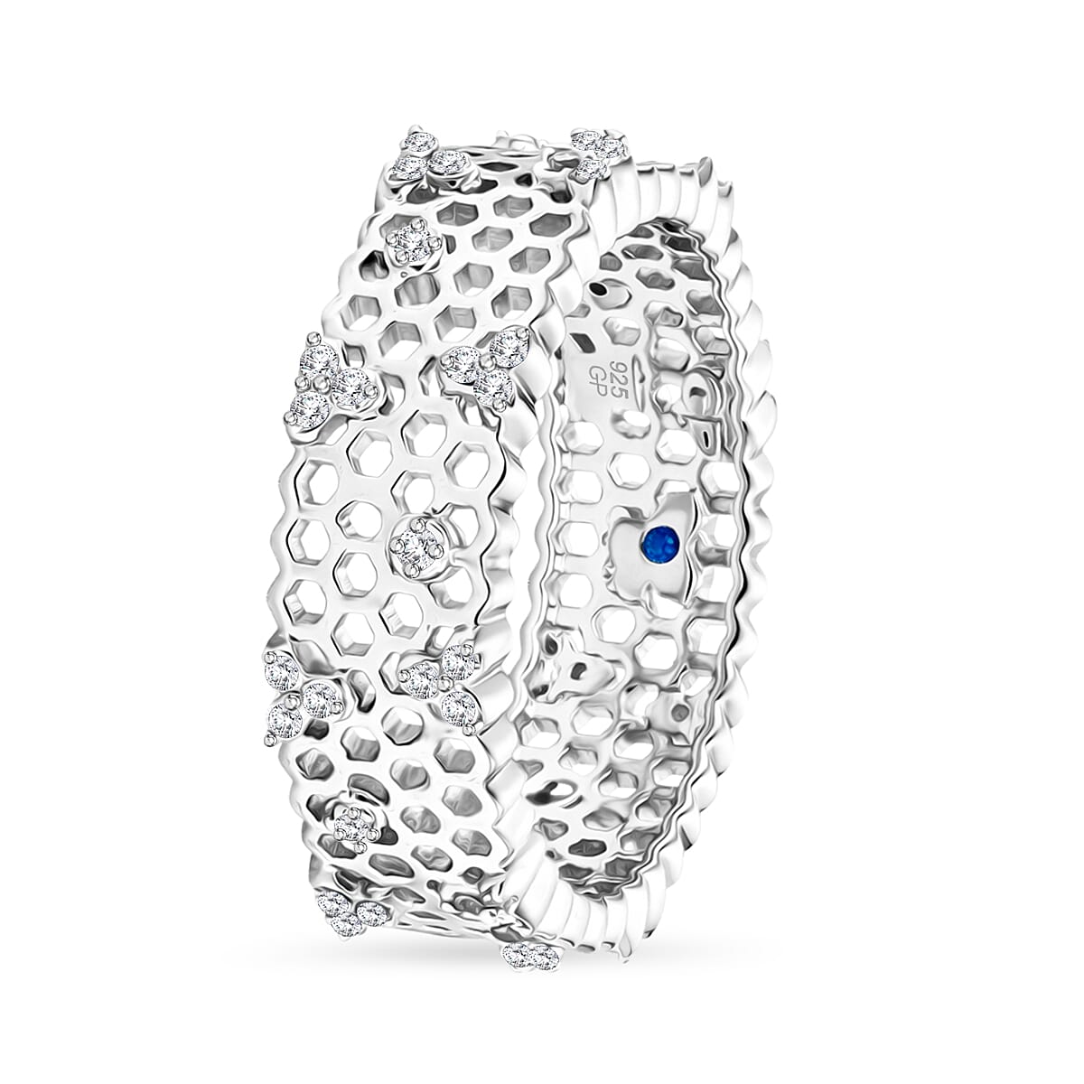 GP White Diamond, Kanchanaburi Blue Sapphire Ring in Rhodium OverlaySterling Silver  0.307  Ct.