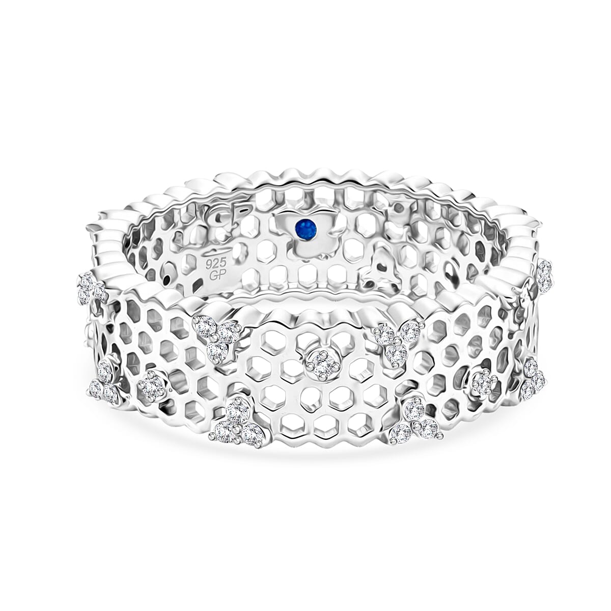 GP - White Diamond & Blue Sapphire Openwork Band Ring in Rhodium Overlay Sterling Silver 0.30 Ct.