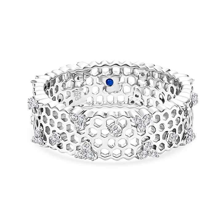 GP - White Diamond & Blue Sapphire Openwork Band Ring in Rhodium Overlay Sterling Silver 0.30 Ct.