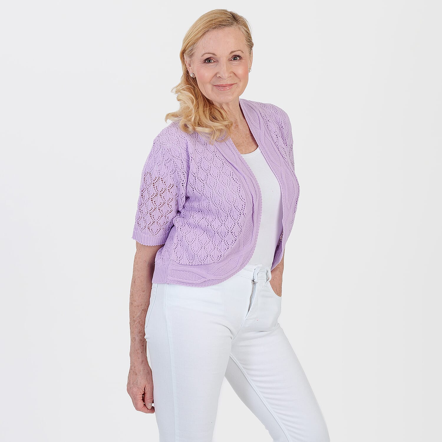 Pure And Natural Made In Uk Edge To Edge Pointelle Knit Cardigan (Size L-XL, 16 to 22) - Pale Lilac