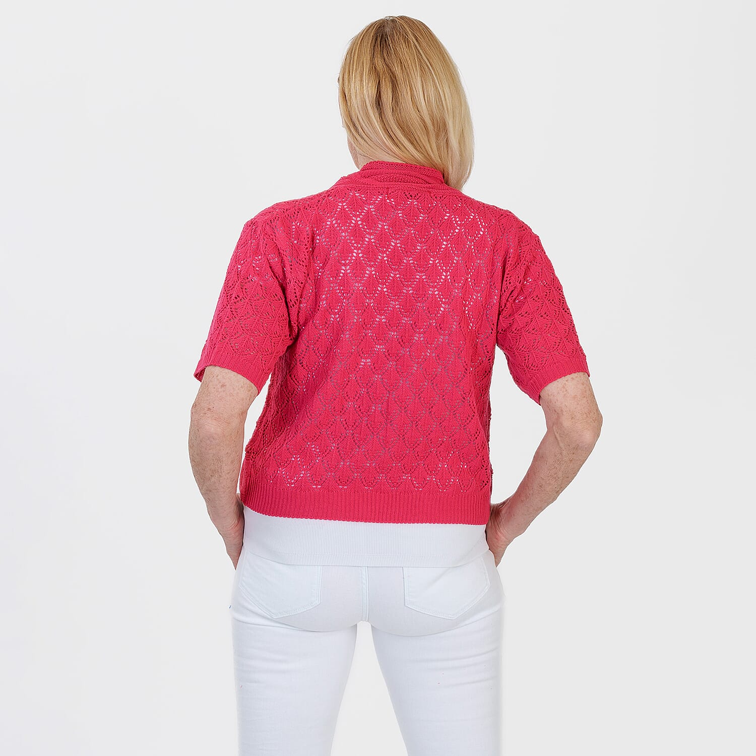 Pure And Natural Made In Uk Edge To Edge Pointelle Knit Cardigan (Size S-M, 8 to 14) - Strawberry Red