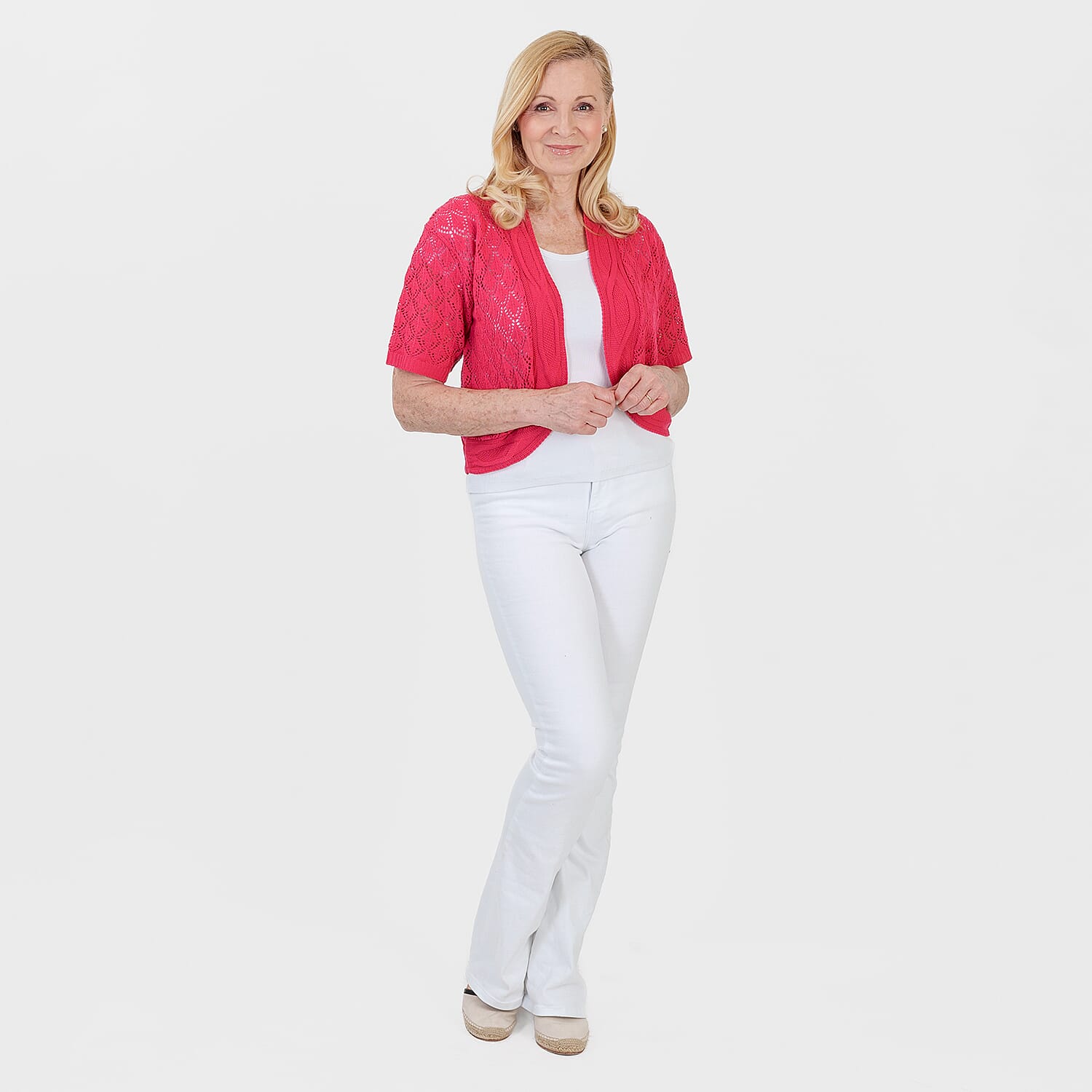 Pure And Natural Made In Uk Edge To Edge Pointelle Knit Cardigan (Size L-XL, 16 to 22) - Strawberry Red