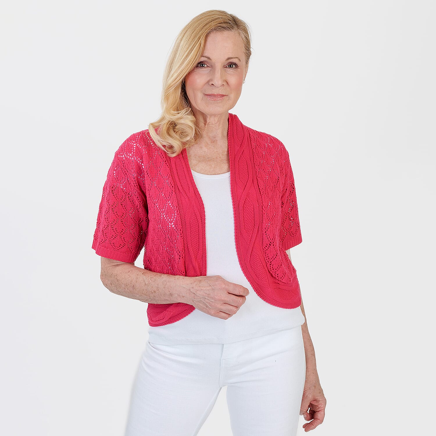 Pure And Natural Made In Uk Edge To Edge Pointelle Knit Cardigan (Size L-XL, 16 to 22) - Strawberry Red