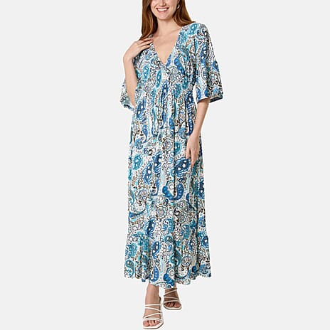 Chilli & Charm Paisley Print Shirred Empire Bust Dress (Size S, 8 to 10) - Blue