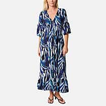 Chilli & Charm Abstract Stripe Shirred Empire Bust Dress (Size S, 8 to 10) - Navy