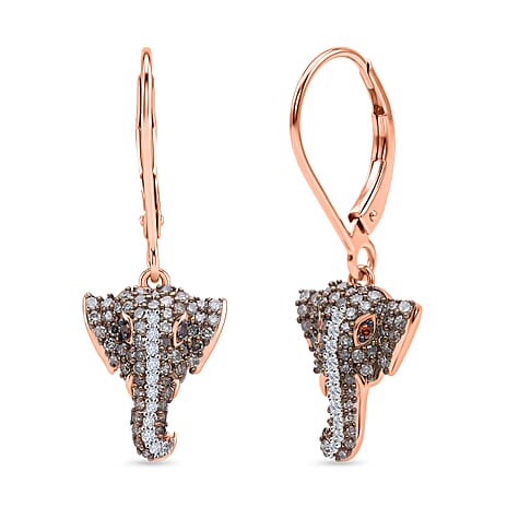 GP Family Legacy Italy - Natural Champagne Diamond With White & Red Diamond & Blue Sapphire Elephant Earrings in 18K Gold Vermeil Sterling Silver 0.50Cts