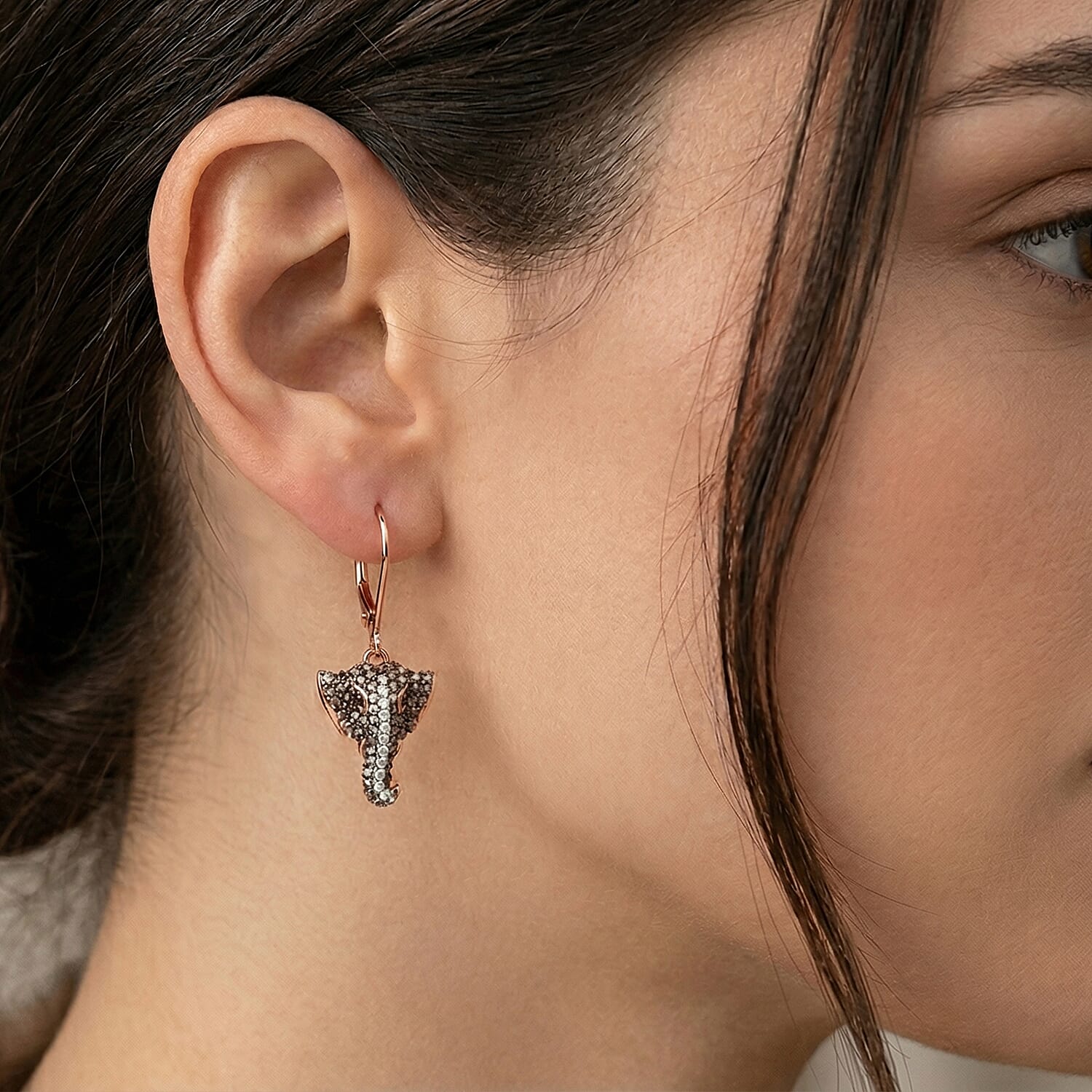 GP Family Legacy Italy - Natural Champagne Diamond With White & Red Diamond & Blue Sapphire Elephant Earrings in 18K Gold Vermeil Sterling Silver 0.50Cts