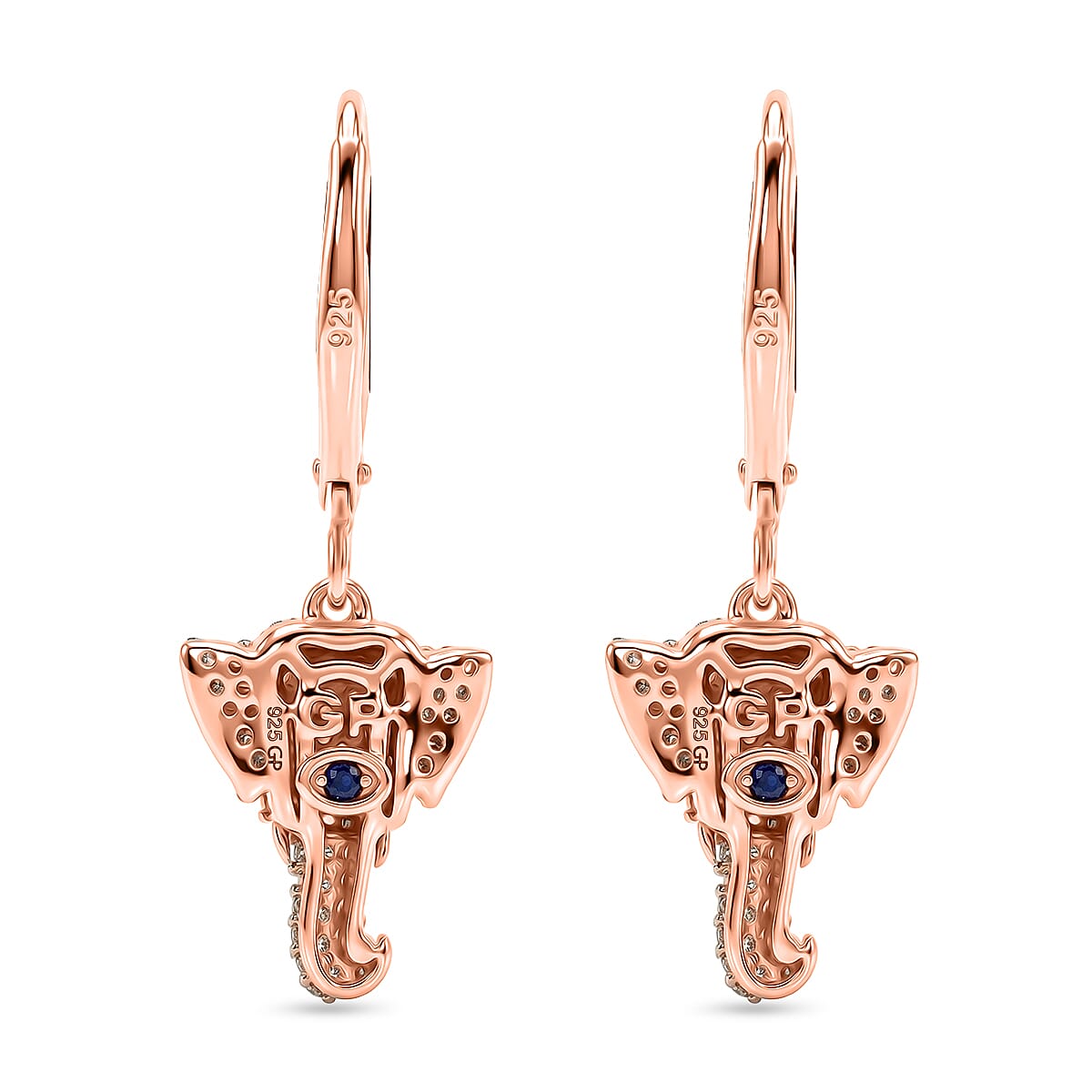 GP Family Legacy Italy - Natural Champagne Diamond With White & Red Diamond & Blue Sapphire Elephant Earrings in 18K Gold Vermeil Sterling Silver 0.50Cts